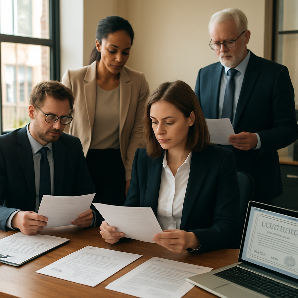 Translation agency team reviewing documents in a professional office