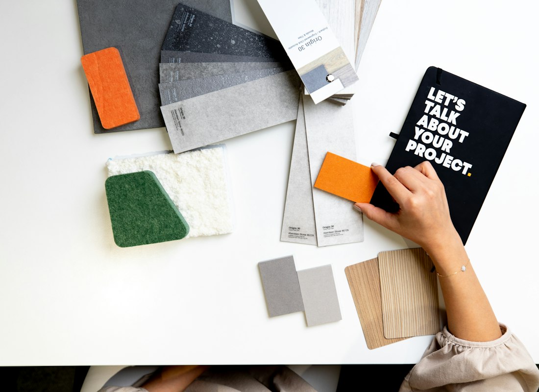 Creative moodboard with design swatches used for brand planning